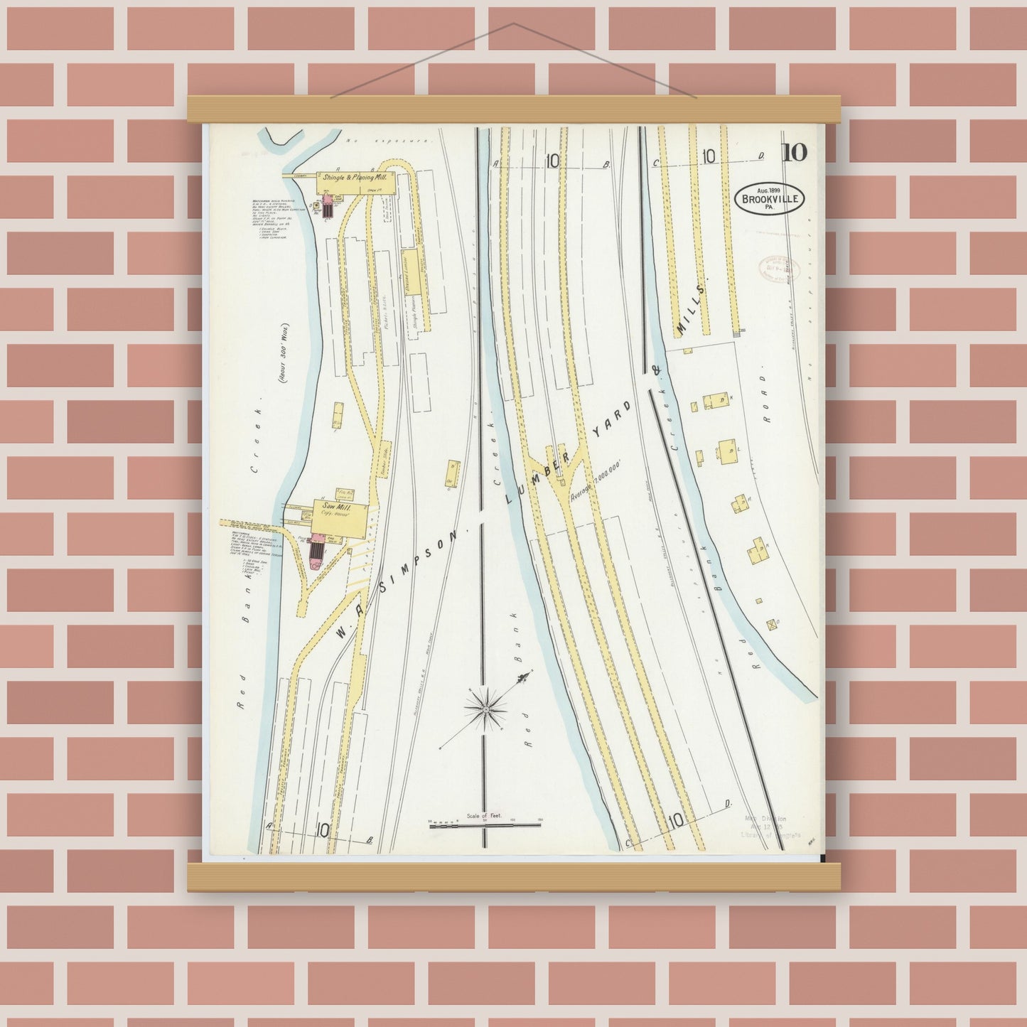 Old map wall art mockup — magnetic wood frame on brick wall — Sanborn Fire Insurance Map from Brookville, Jefferson County, Pennsylvania (1899), Sheet #0010