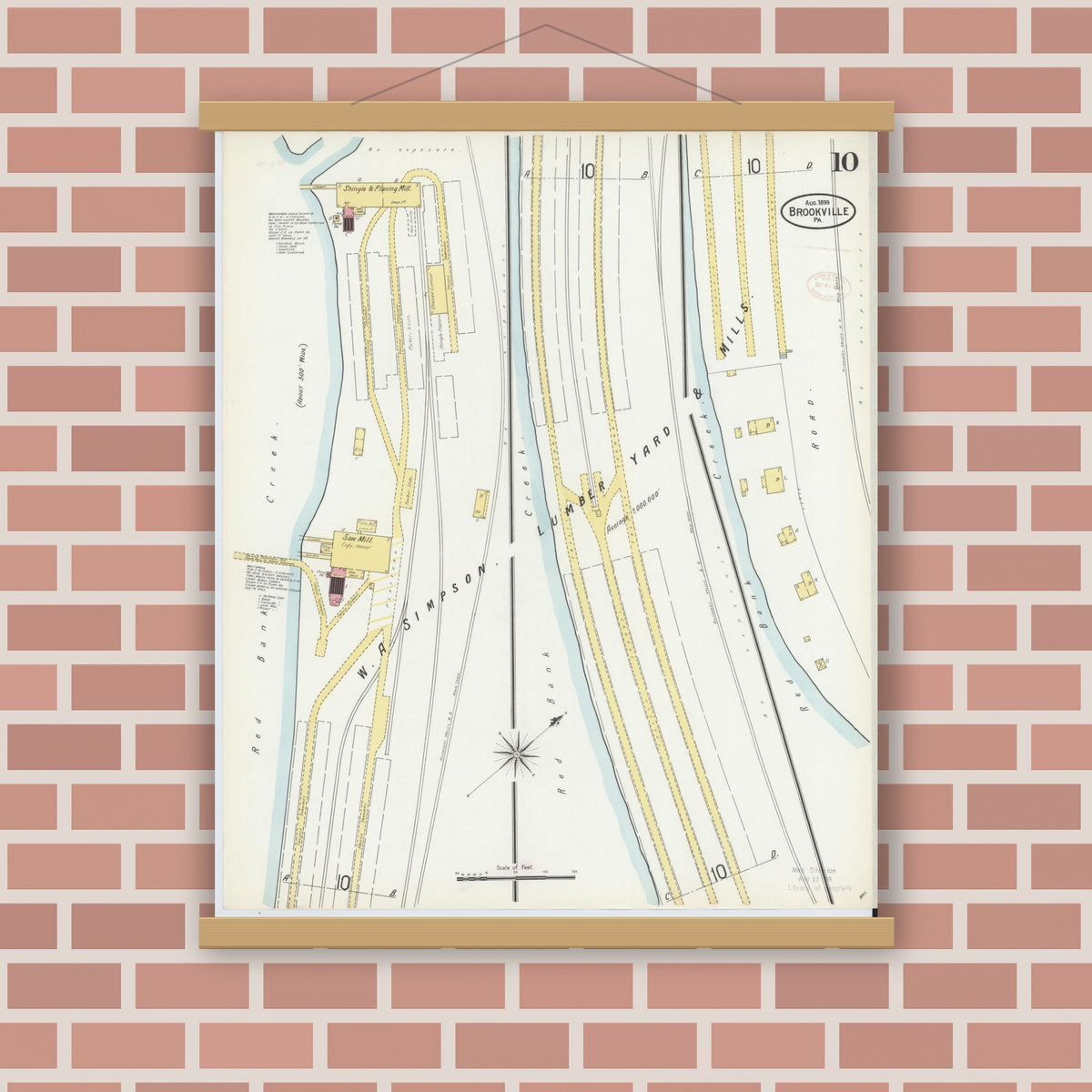 Old map wall art mockup — magnetic wood frame on brick wall — Sanborn Fire Insurance Map from Brookville, Jefferson County, Pennsylvania (1899), Sheet #0010