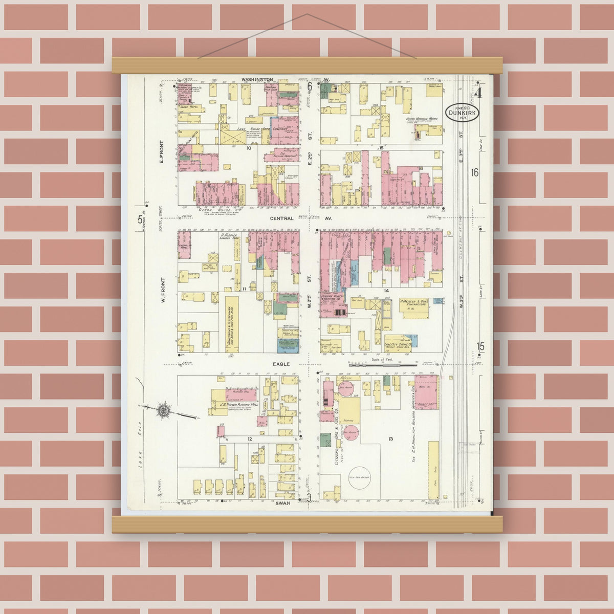 Old map wall art mockup — magnetic wood frame on brick wall — Sanborn Fire Insurance Map from Dunkirk, Chautauqua County, New York (1910), Sheet #0004