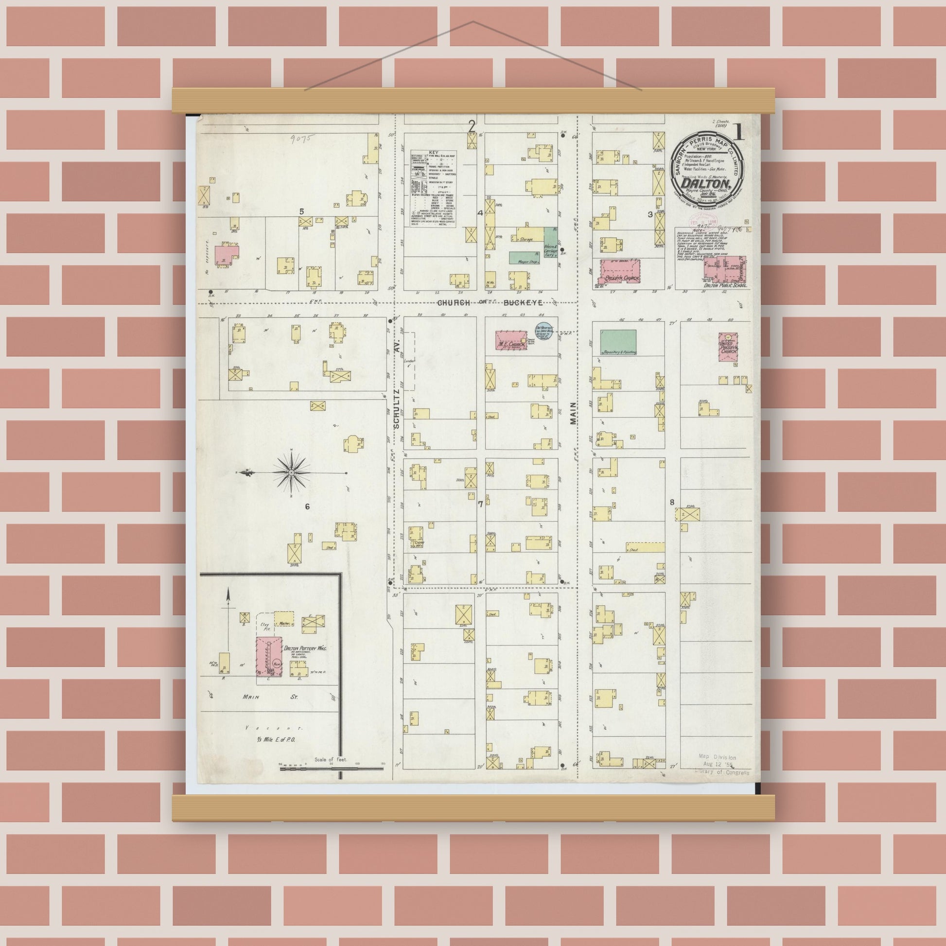Old map wall art mockup — magnetic wood frame on brick wall — Sanborn Fire Insurance Map from Dalton, Wayne County, Ohio (1896), Sheet #0001