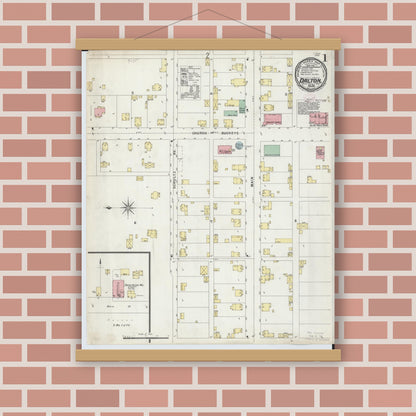 Old map wall art mockup — magnetic wood frame on brick wall — Sanborn Fire Insurance Map from Dalton, Wayne County, Ohio (1896), Sheet #0001