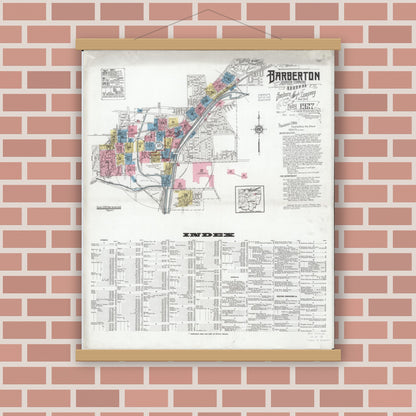Old map wall art mockup — magnetic wood frame on brick wall — Sanborn Fire Insurance Map from Barberton, Summit County, Ohio (1927) - Complete Map Set