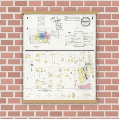 Old map wall art mockup — magnetic wood frame on brick wall — Sanborn Fire Insurance Map from Edmore, Montcalm County, Michigan (1929) - Complete Map Set