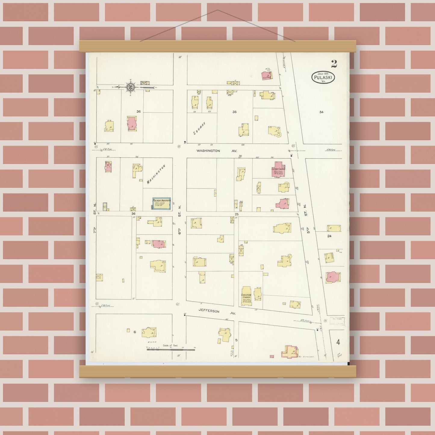 Old map wall art mockup — magnetic wood frame on brick wall — Sanborn Fire Insurance Map from Pulaski, Pulaski County, Virginia (1913), Sheet #0002