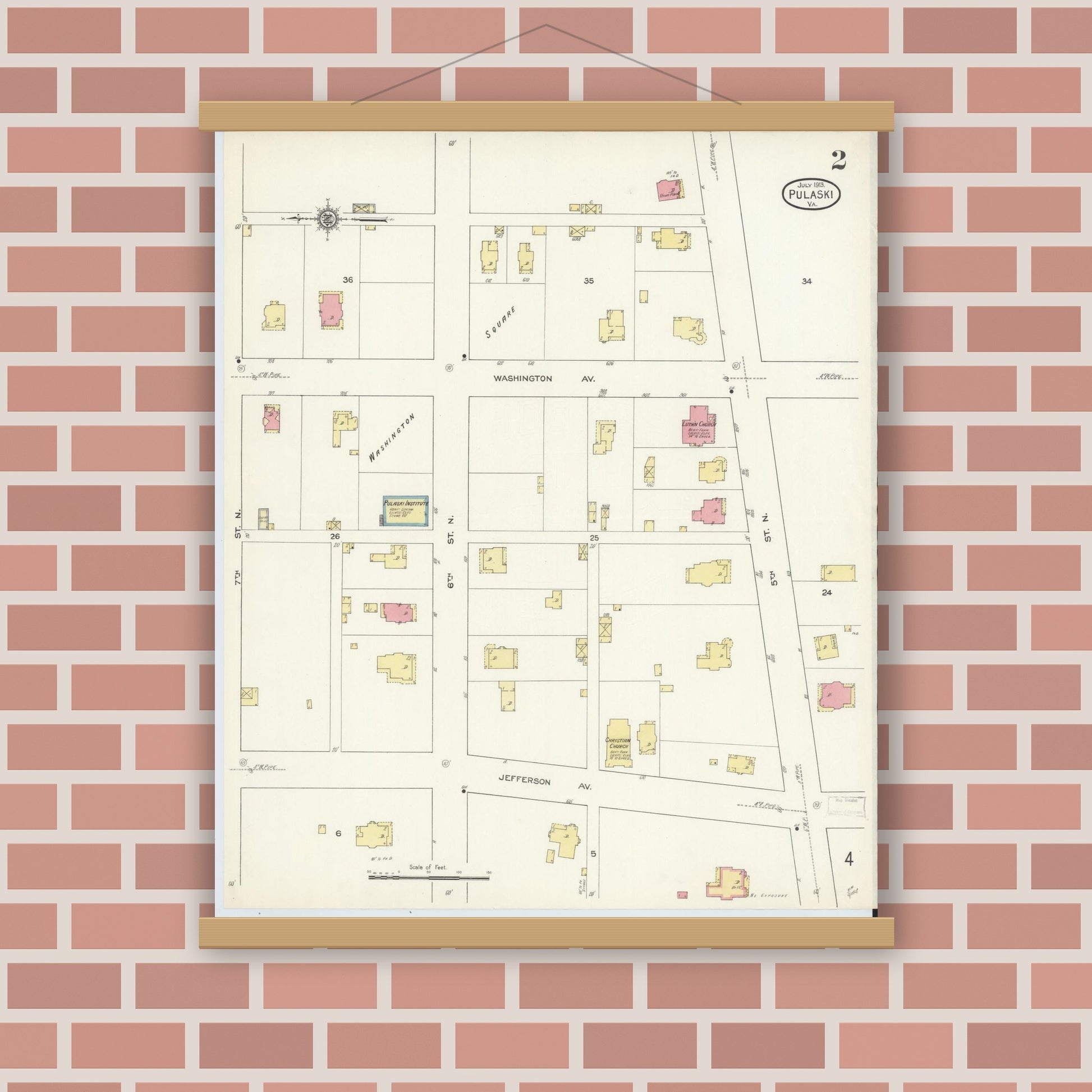 Old map wall art mockup — magnetic wood frame on brick wall — Sanborn Fire Insurance Map from Pulaski, Pulaski County, Virginia (1913), Sheet #0002