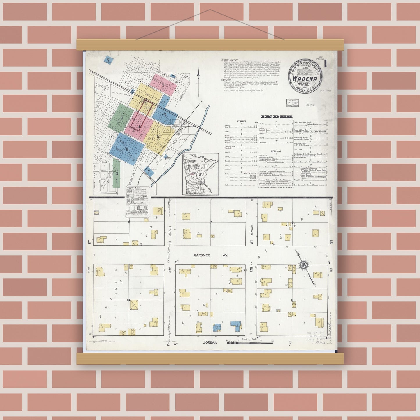 Old map wall art mockup — magnetic wood frame on brick wall — Sanborn Fire Insurance Map from Wadena, Wadena County, Minnesota (1916) - Complete Map Set