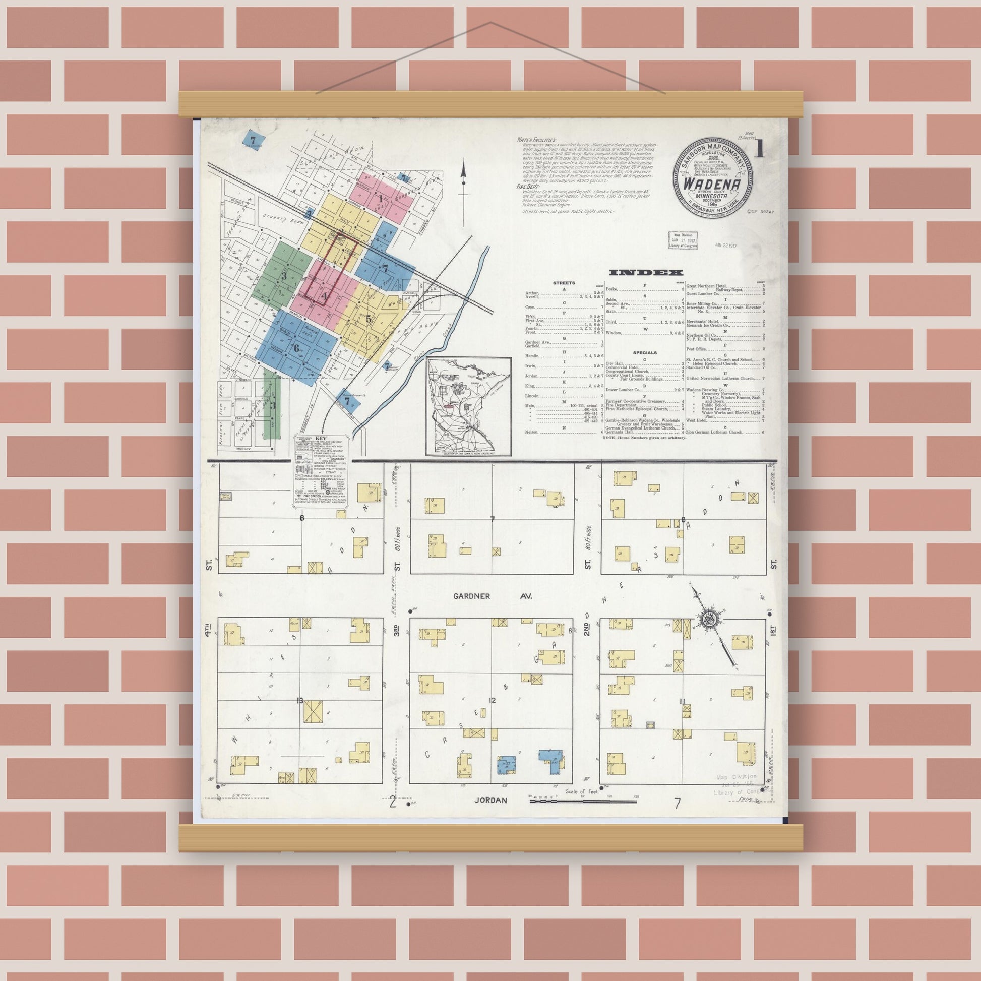 Old map wall art mockup — magnetic wood frame on brick wall — Sanborn Fire Insurance Map from Wadena, Wadena County, Minnesota (1916) - Complete Map Set