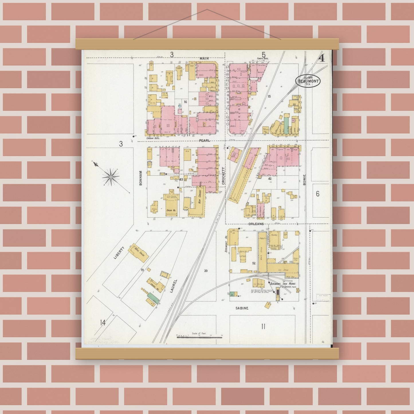 Old map wall art mockup — magnetic wood frame on brick wall — Sanborn Fire Insurance Map from Beaumont, Jefferson County, Texas (1899), Sheet #0004