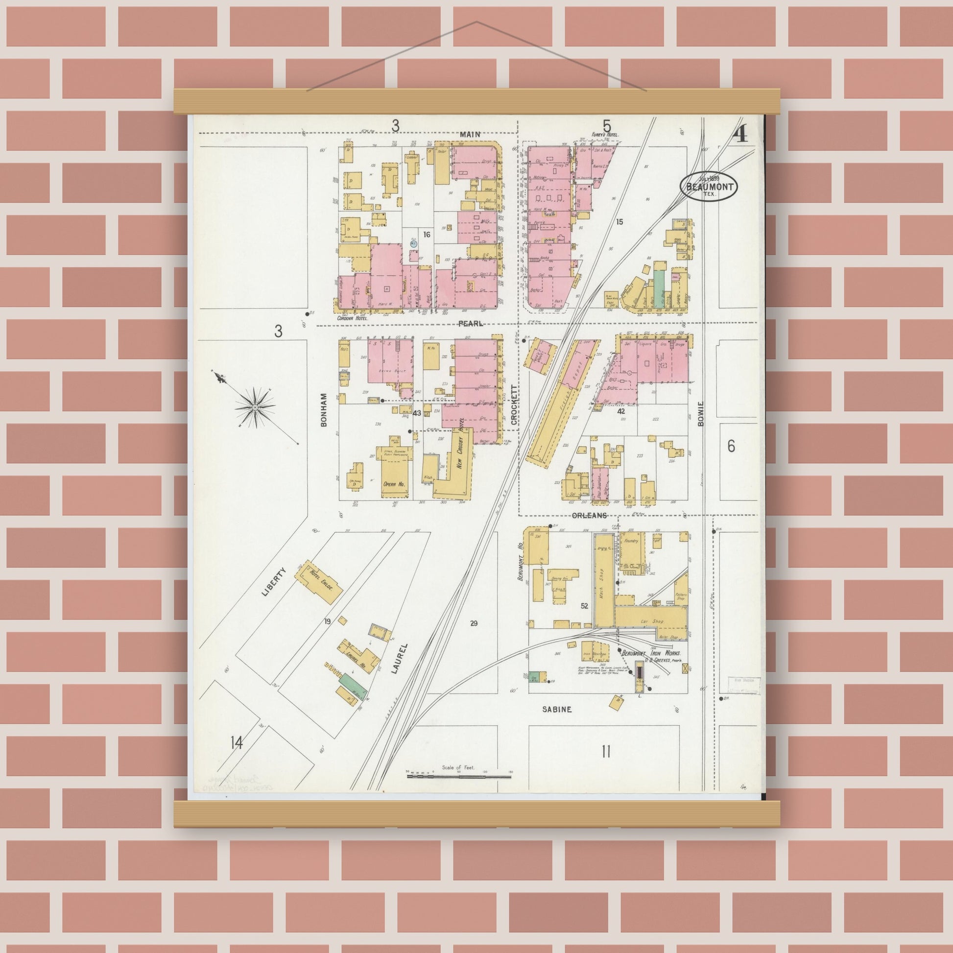 Old map wall art mockup — magnetic wood frame on brick wall — Sanborn Fire Insurance Map from Beaumont, Jefferson County, Texas (1899), Sheet #0004