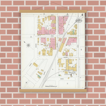 Old map wall art mockup — magnetic wood frame on brick wall — Sanborn Fire Insurance Map from Beaumont, Jefferson County, Texas (1899), Sheet #0004