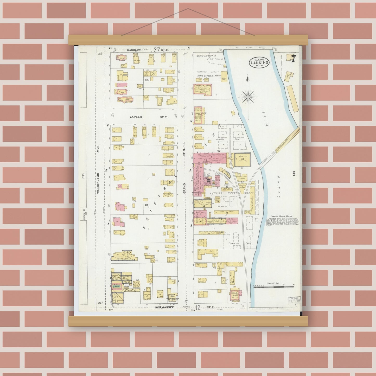 Old map wall art mockup — magnetic wood frame on brick wall — Sanborn Fire Insurance Map from Lansing, Ingham County, Michigan (1906), Sheet #0007