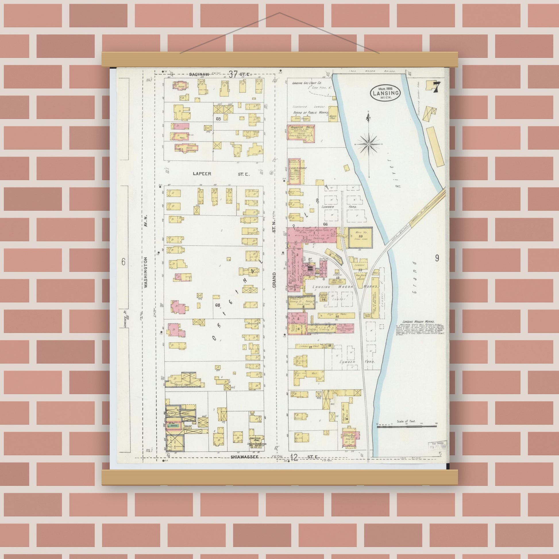 Old map wall art mockup — magnetic wood frame on brick wall — Sanborn Fire Insurance Map from Lansing, Ingham County, Michigan (1906), Sheet #0007