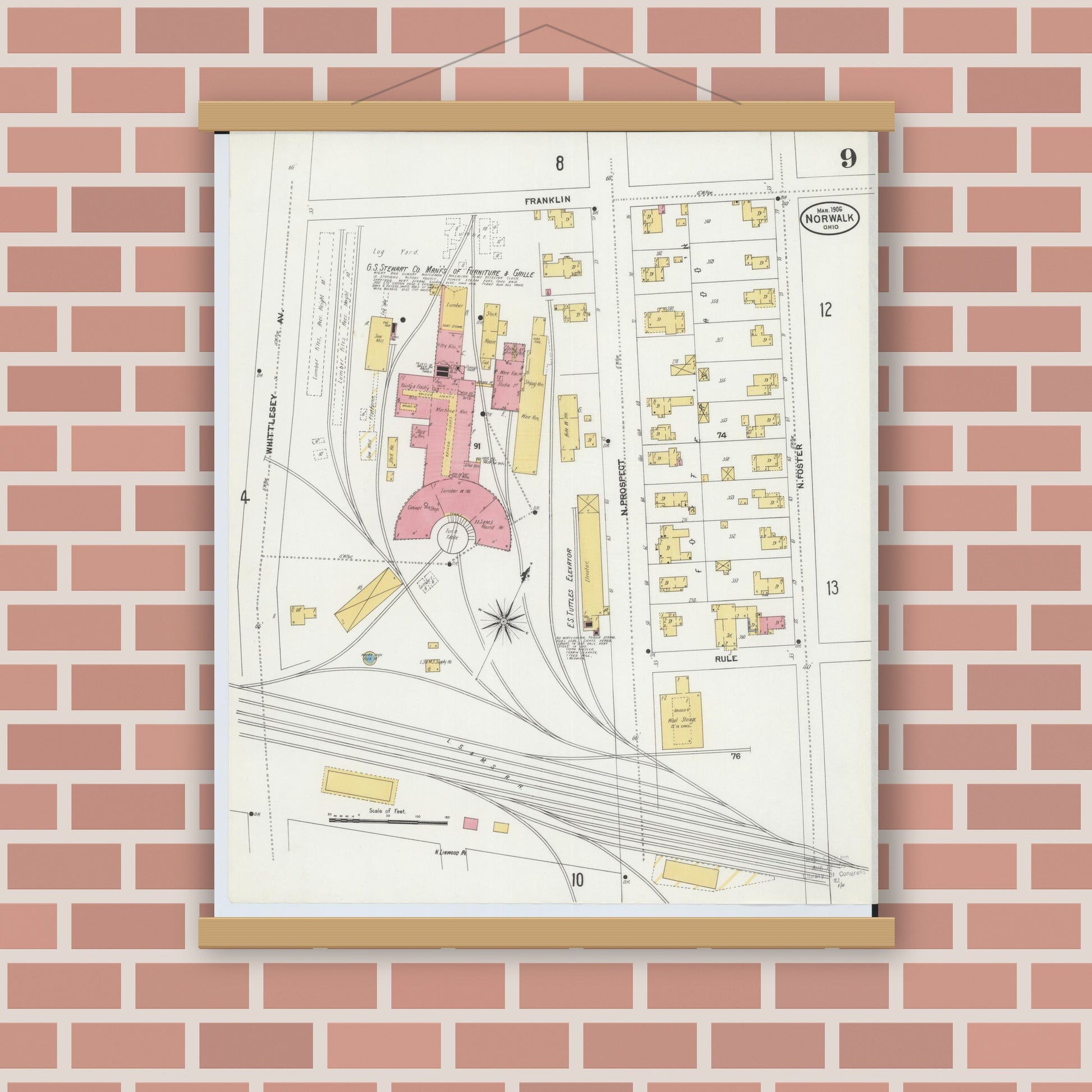 Old map wall art mockup — magnetic wood frame on brick wall — Sanborn Fire Insurance Map from Norwalk, Huron County, Ohio (1906), Sheet #0009