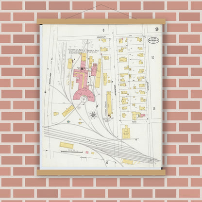 Old map wall art mockup — magnetic wood frame on brick wall — Sanborn Fire Insurance Map from Norwalk, Huron County, Ohio (1906), Sheet #0009