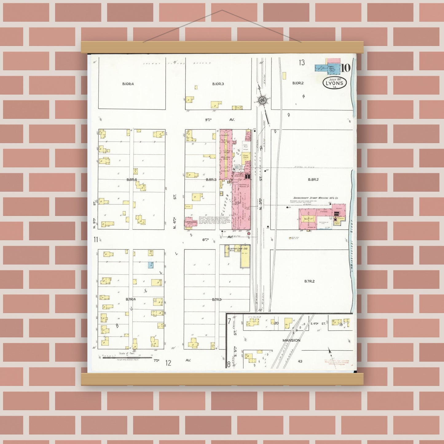 Old map wall art mockup — magnetic wood frame on brick wall — Sanborn Fire Insurance Map from Lyons, Clinton County, Iowa (1917), Sheet #0010