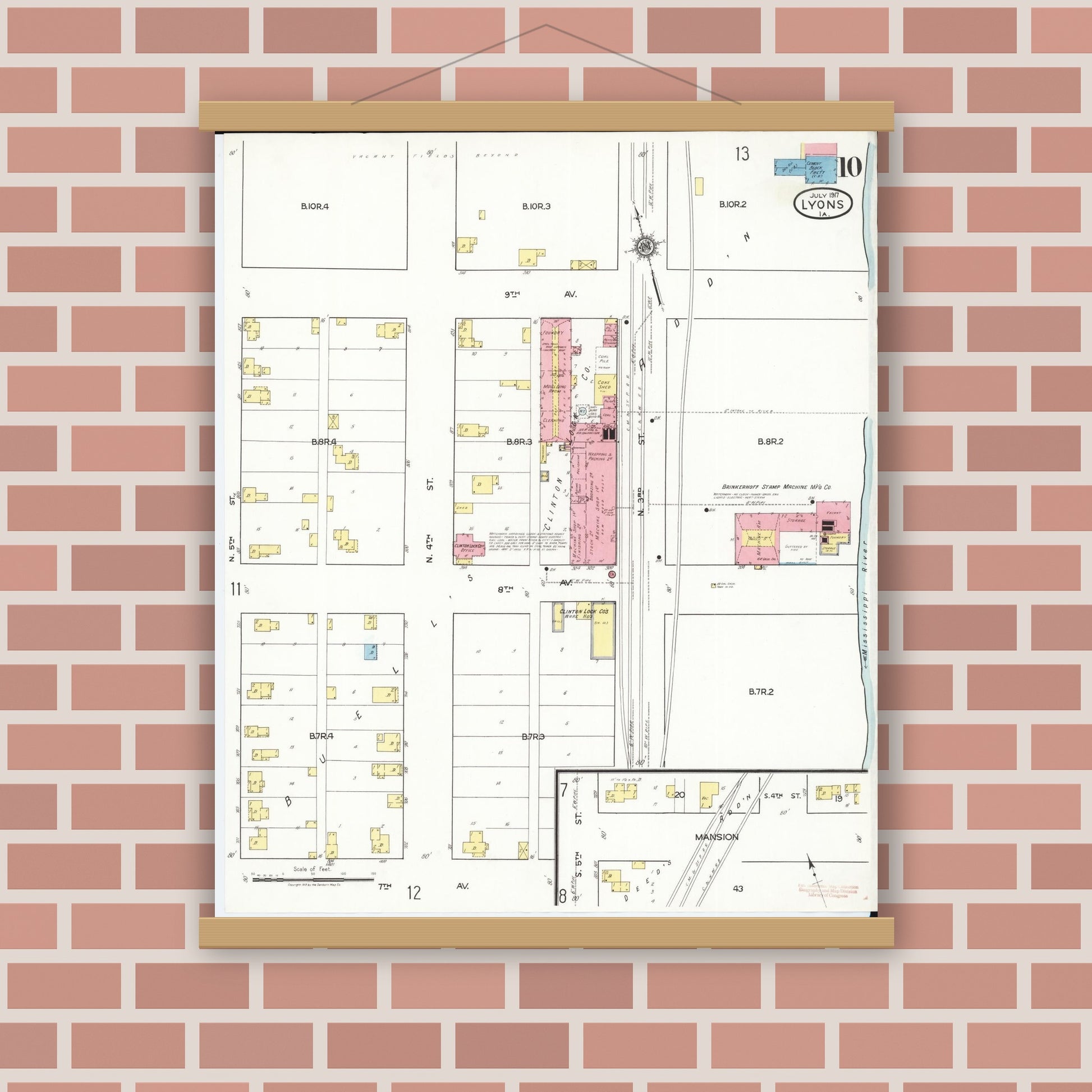 Old map wall art mockup — magnetic wood frame on brick wall — Sanborn Fire Insurance Map from Lyons, Clinton County, Iowa (1917), Sheet #0010