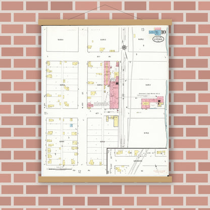Old map wall art mockup — magnetic wood frame on brick wall — Sanborn Fire Insurance Map from Lyons, Clinton County, Iowa (1917), Sheet #0010