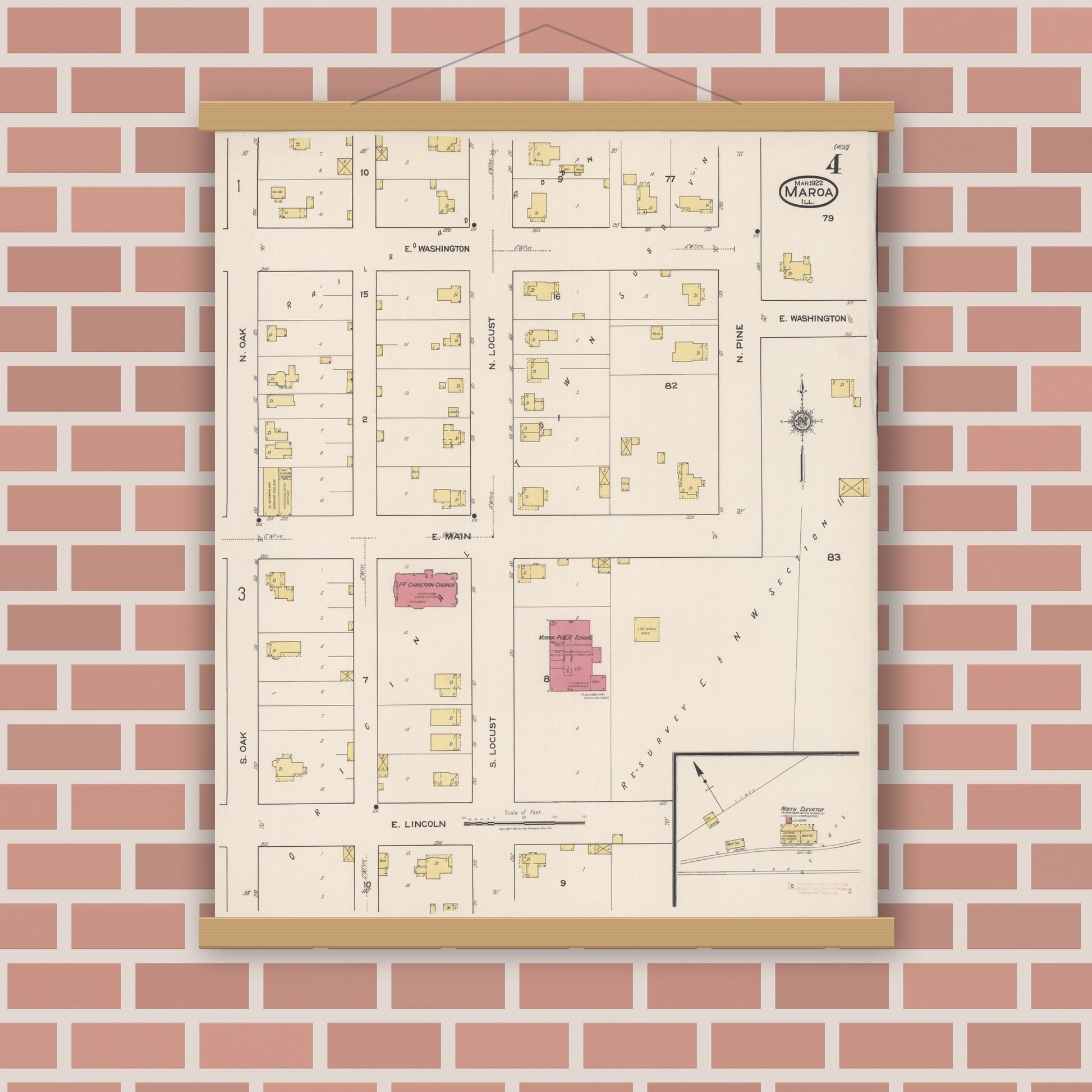 Old map wall art mockup — magnetic wood frame on brick wall — Sanborn Fire Insurance Map from Maroa, Macon County, Illinois (1922), Sheet #0004