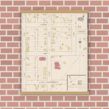 Old map wall art mockup — magnetic wood frame on brick wall — Sanborn Fire Insurance Map from Maroa, Macon County, Illinois (1922), Sheet #0004