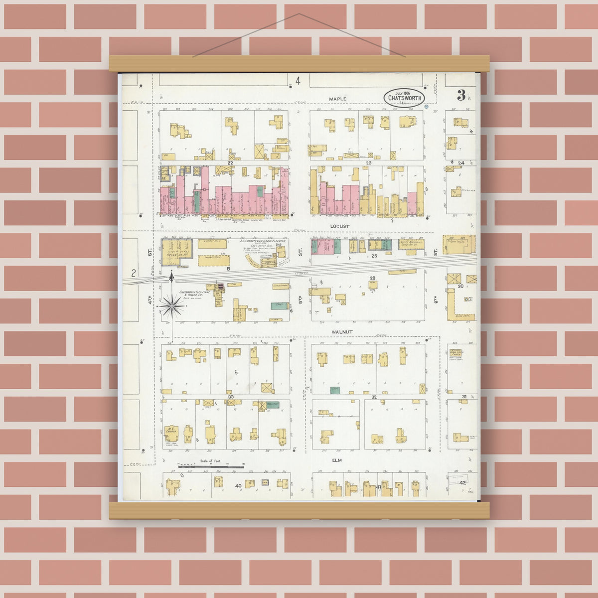 Old map wall art mockup — magnetic wood frame on brick wall — Sanborn Fire Insurance Map from Chatsworth, Livingston County, Illinois (1906), Sheet #0003