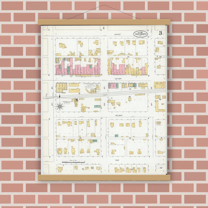 Old map wall art mockup — magnetic wood frame on brick wall — Sanborn Fire Insurance Map from Chatsworth, Livingston County, Illinois (1906), Sheet #0003