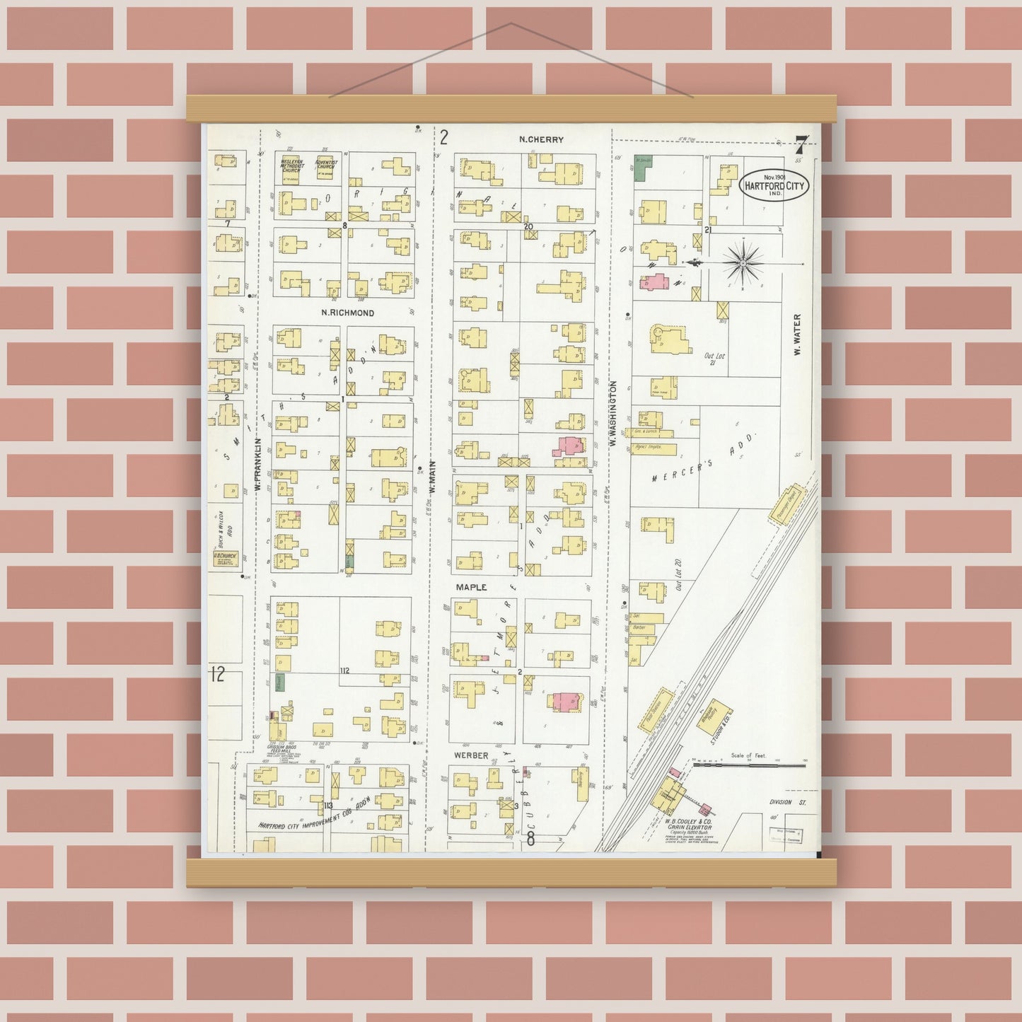 Old map wall art mockup — magnetic wood frame on brick wall — Sanborn Fire Insurance Map from Hartford City, Blackford County, Indiana (1901), Sheet #0007