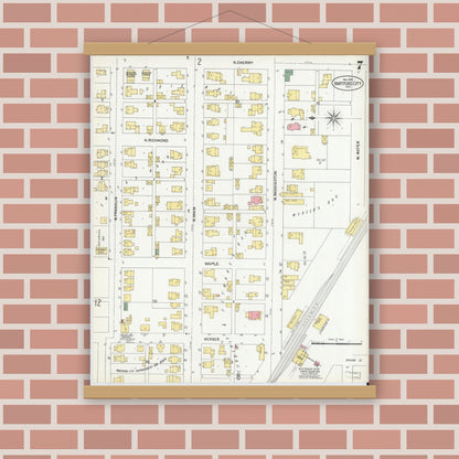 Old map wall art mockup — magnetic wood frame on brick wall — Sanborn Fire Insurance Map from Hartford City, Blackford County, Indiana (1901), Sheet #0007