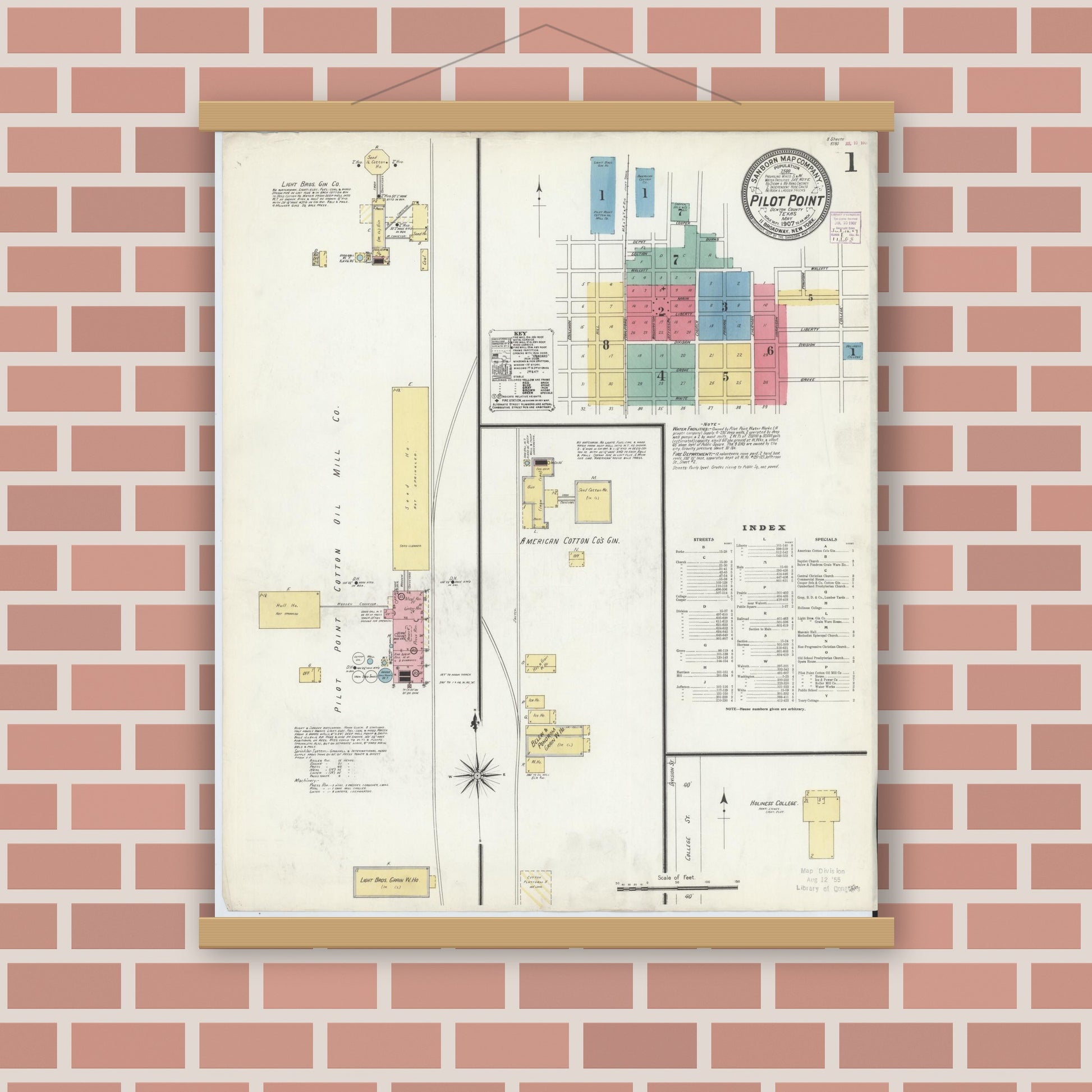 Old map wall art mockup — magnetic wood frame on brick wall — Sanborn Fire Insurance Map from Pilot Point, Denton County, Texas (1907), Sheet #0001