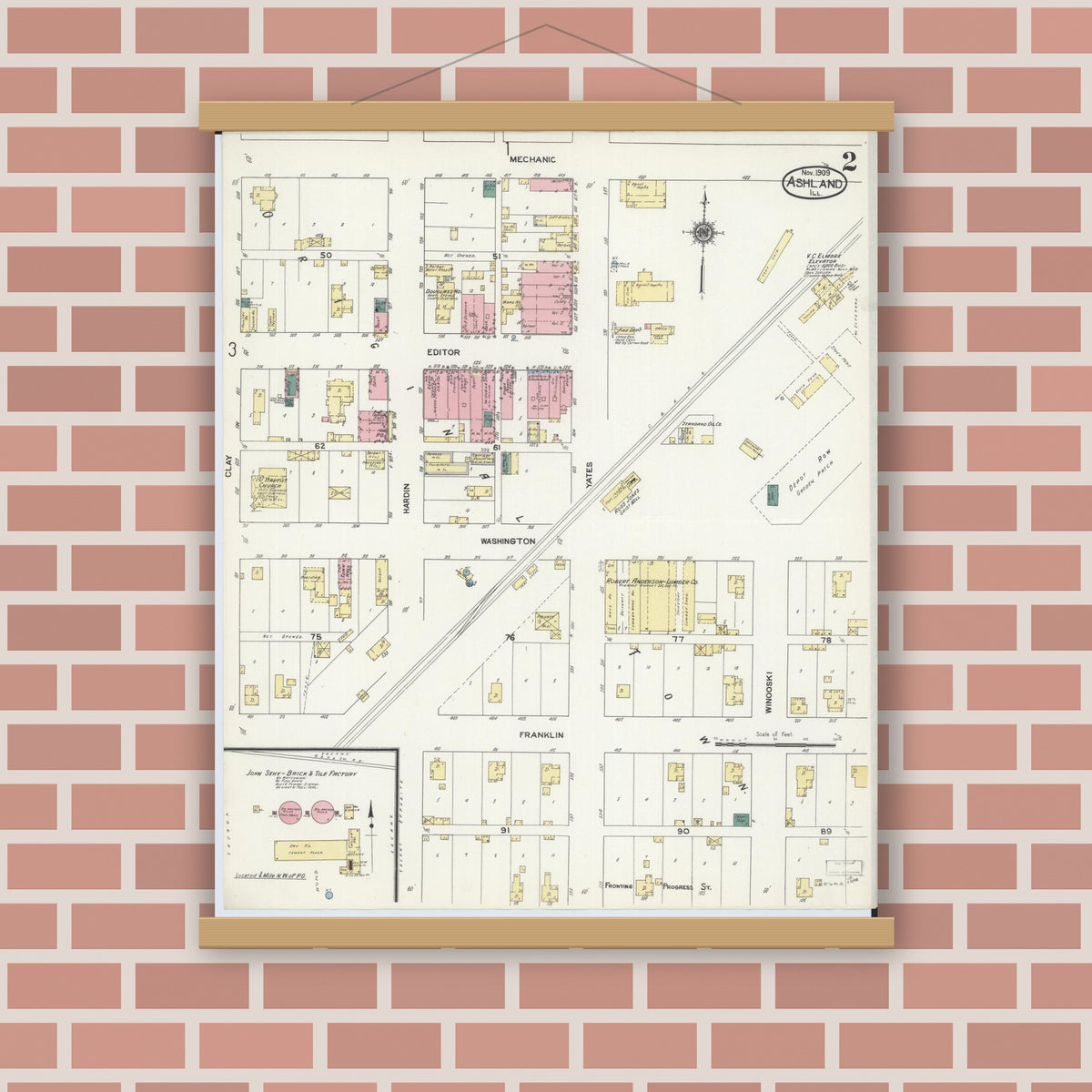 Old map wall art mockup — magnetic wood frame on brick wall — Sanborn Fire Insurance Map from Ashland, Cass County, Illinois (1909), Sheet #0002