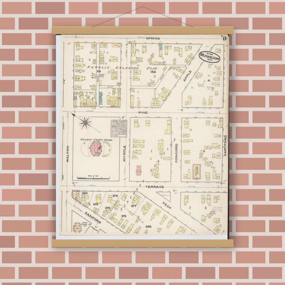 Old map wall art mockup — magnetic wood frame on brick wall — Sanborn Fire Insurance Map from Muskegon, Muskegon County, Michigan (1883), Sheet #0009