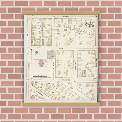 Old map wall art mockup — magnetic wood frame on brick wall — Sanborn Fire Insurance Map from Muskegon, Muskegon County, Michigan (1883), Sheet #0009