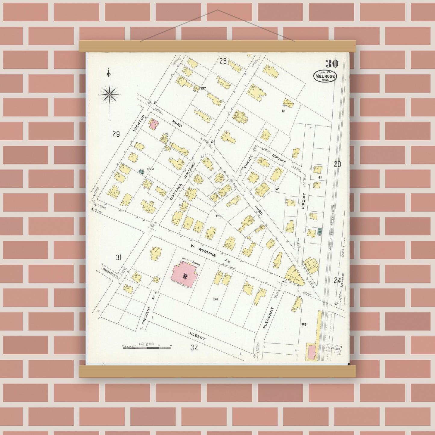 Old map wall art mockup — magnetic wood frame on brick wall — Sanborn Fire Insurance Map from Melrose, Middlesex County, Massachusetts (1909), Sheet #0030