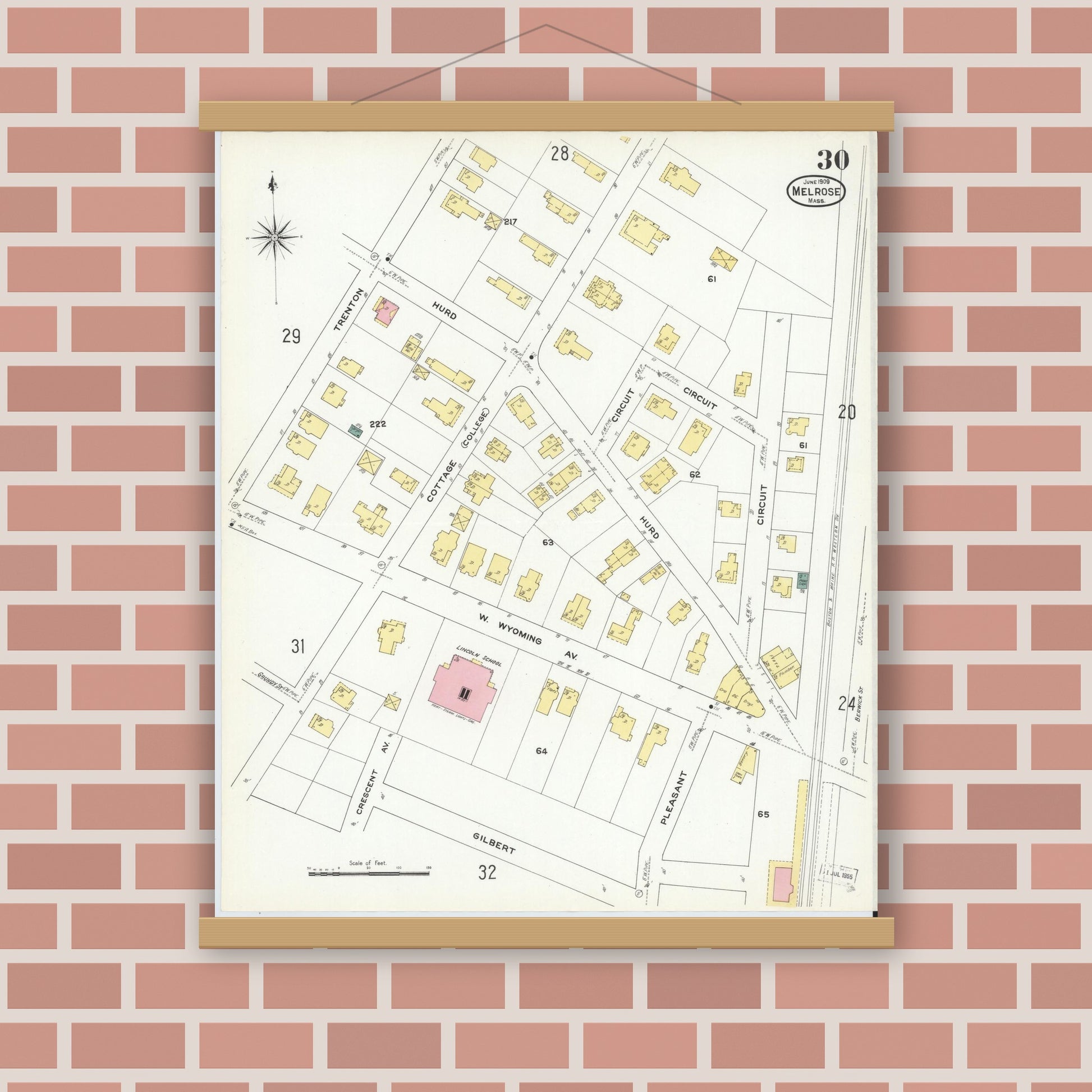 Old map wall art mockup — magnetic wood frame on brick wall — Sanborn Fire Insurance Map from Melrose, Middlesex County, Massachusetts (1909), Sheet #0030