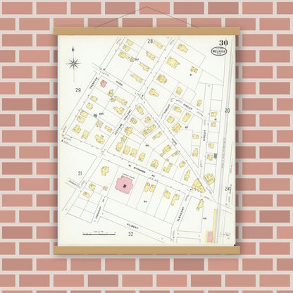 Old map wall art mockup — magnetic wood frame on brick wall — Sanborn Fire Insurance Map from Melrose, Middlesex County, Massachusetts (1909), Sheet #0030