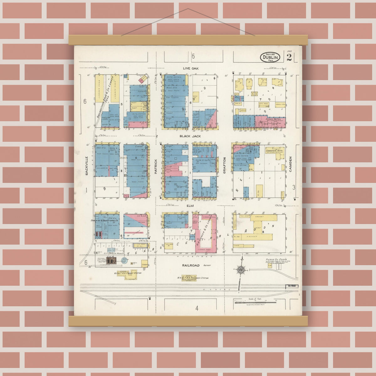 Old map wall art mockup — magnetic wood frame on brick wall — Sanborn Fire Insurance Map from Dublin, Erath County, Texas (1921), Sheet #0002