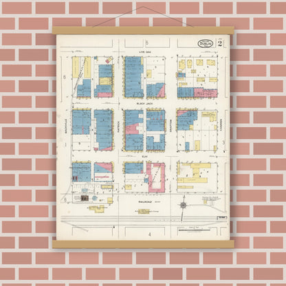 Old map wall art mockup — magnetic wood frame on brick wall — Sanborn Fire Insurance Map from Dublin, Erath County, Texas (1921), Sheet #0002