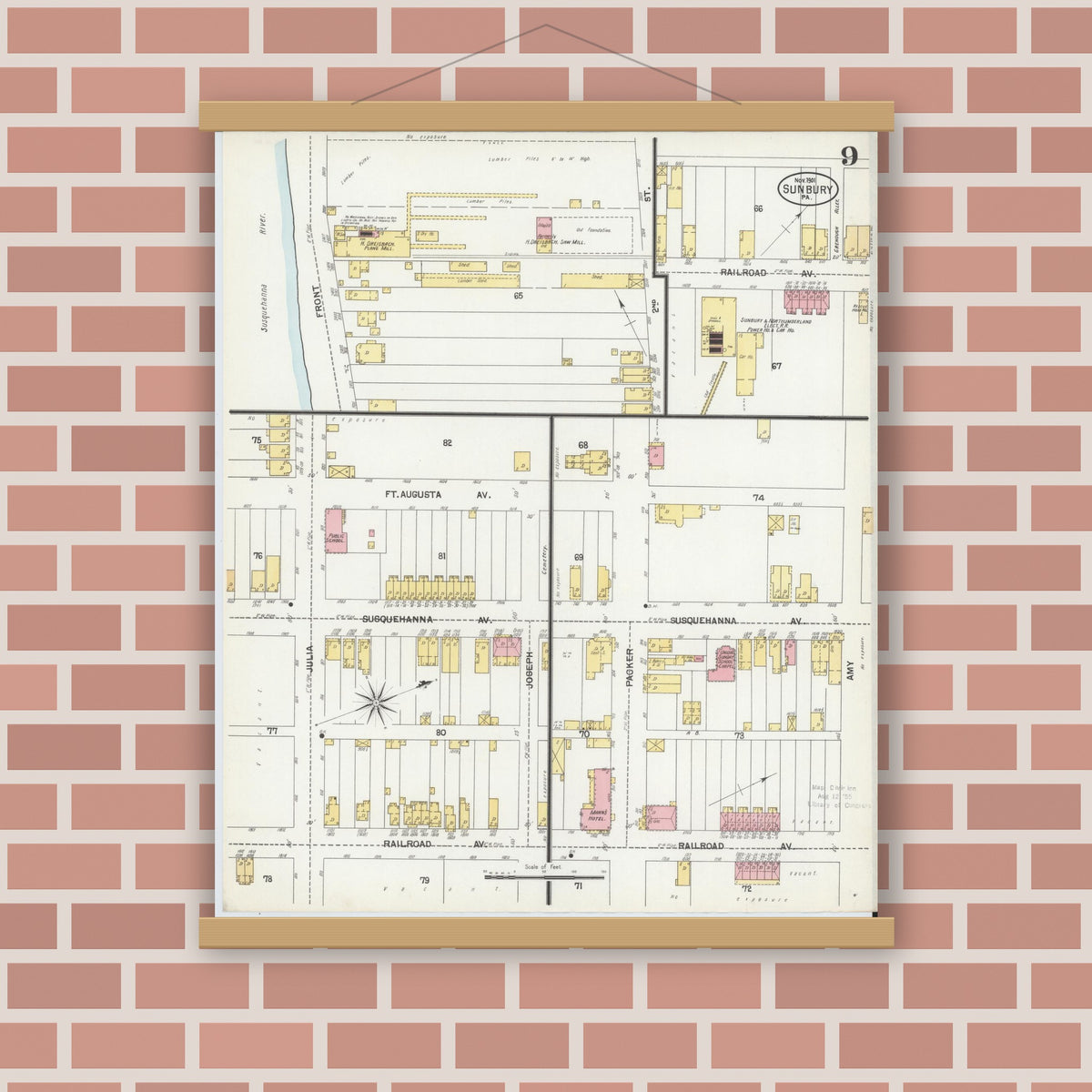 Old map wall art mockup — magnetic wood frame on brick wall — Sanborn Fire Insurance Map from Sunbury, Northumberland County, Pennsylvania (1901), Sheet #0009