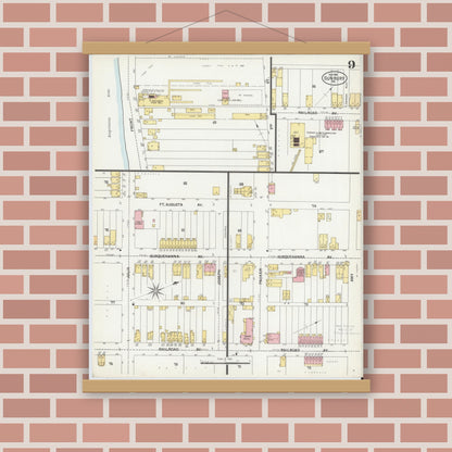 Old map wall art mockup — magnetic wood frame on brick wall — Sanborn Fire Insurance Map from Sunbury, Northumberland County, Pennsylvania (1901), Sheet #0009