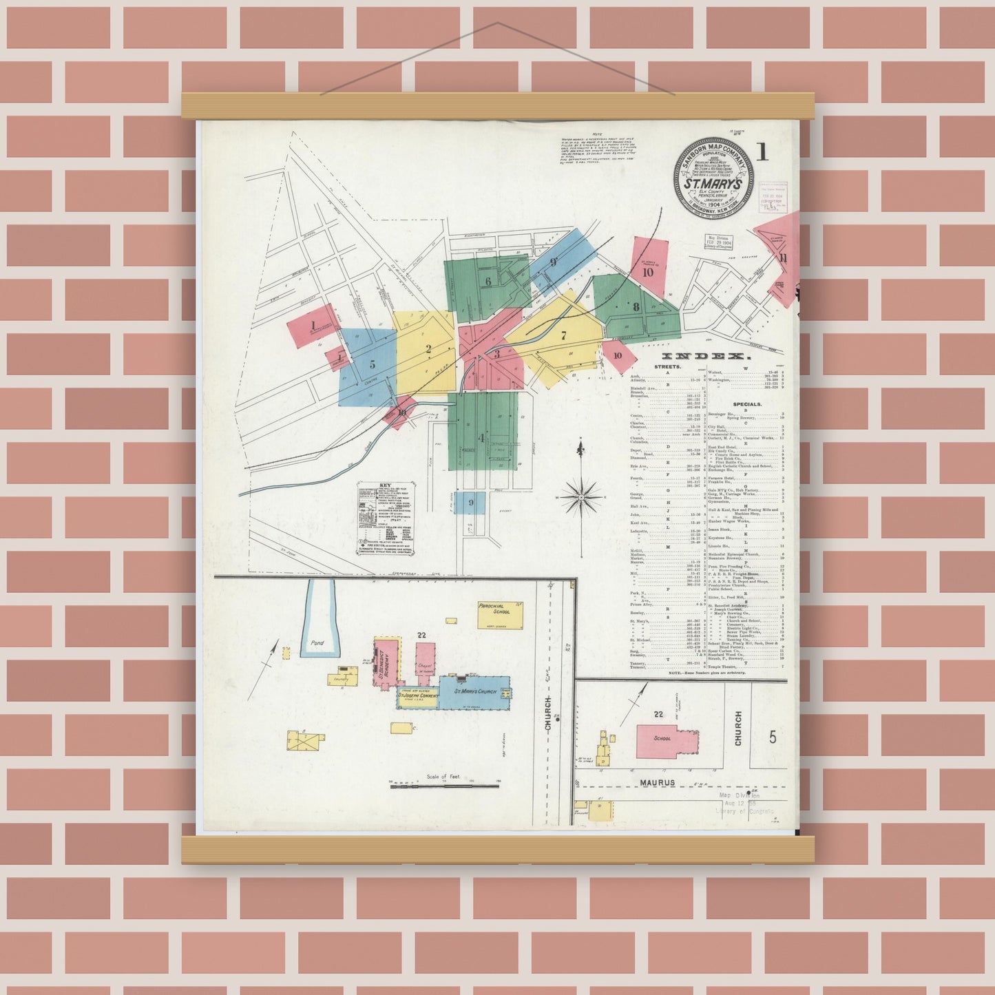 Old map wall art mockup — magnetic wood frame on brick wall — Sanborn Fire Insurance Map from Saint Marys, Elk County, Pennsylvania (1904) - Complete Map Set