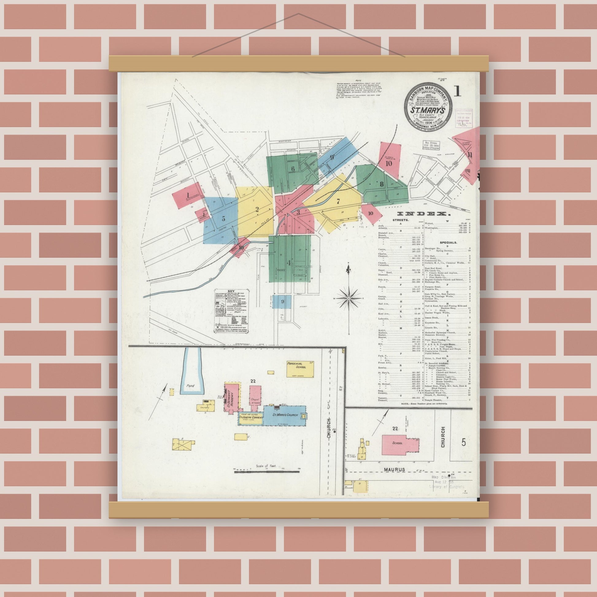 Old map wall art mockup — magnetic wood frame on brick wall — Sanborn Fire Insurance Map from Saint Marys, Elk County, Pennsylvania (1904) - Complete Map Set