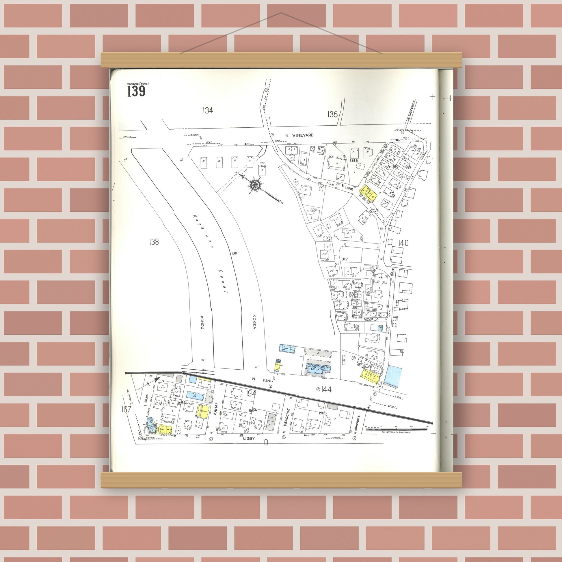 Old map wall art mockup — magnetic wood frame on brick wall — Sanborn Fire Insurance Map from Honolulu, Oahu County, Hawaii (1955), Sheet #0139