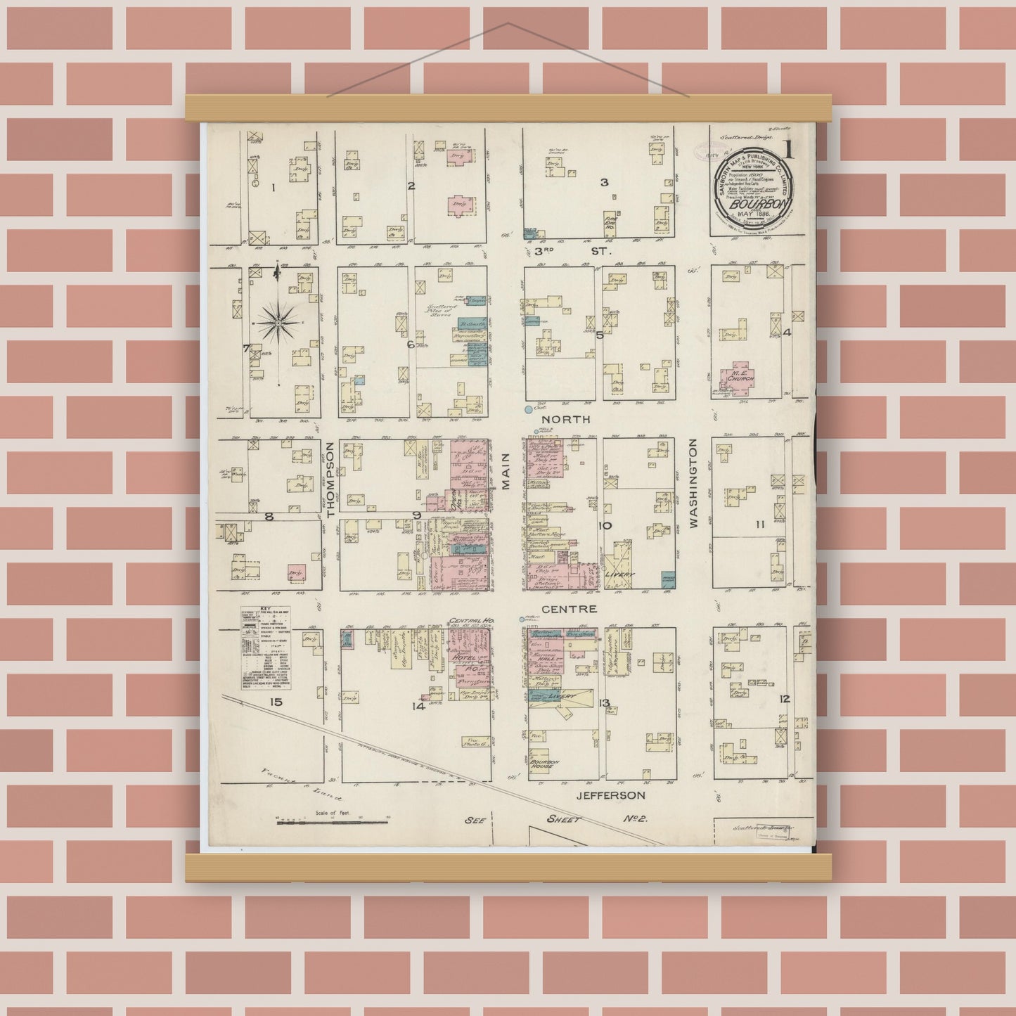 Old map wall art mockup — magnetic wood frame on brick wall — Sanborn Fire Insurance Map from Bourbon, Marshall County, Indiana (1886) - Complete Map Set