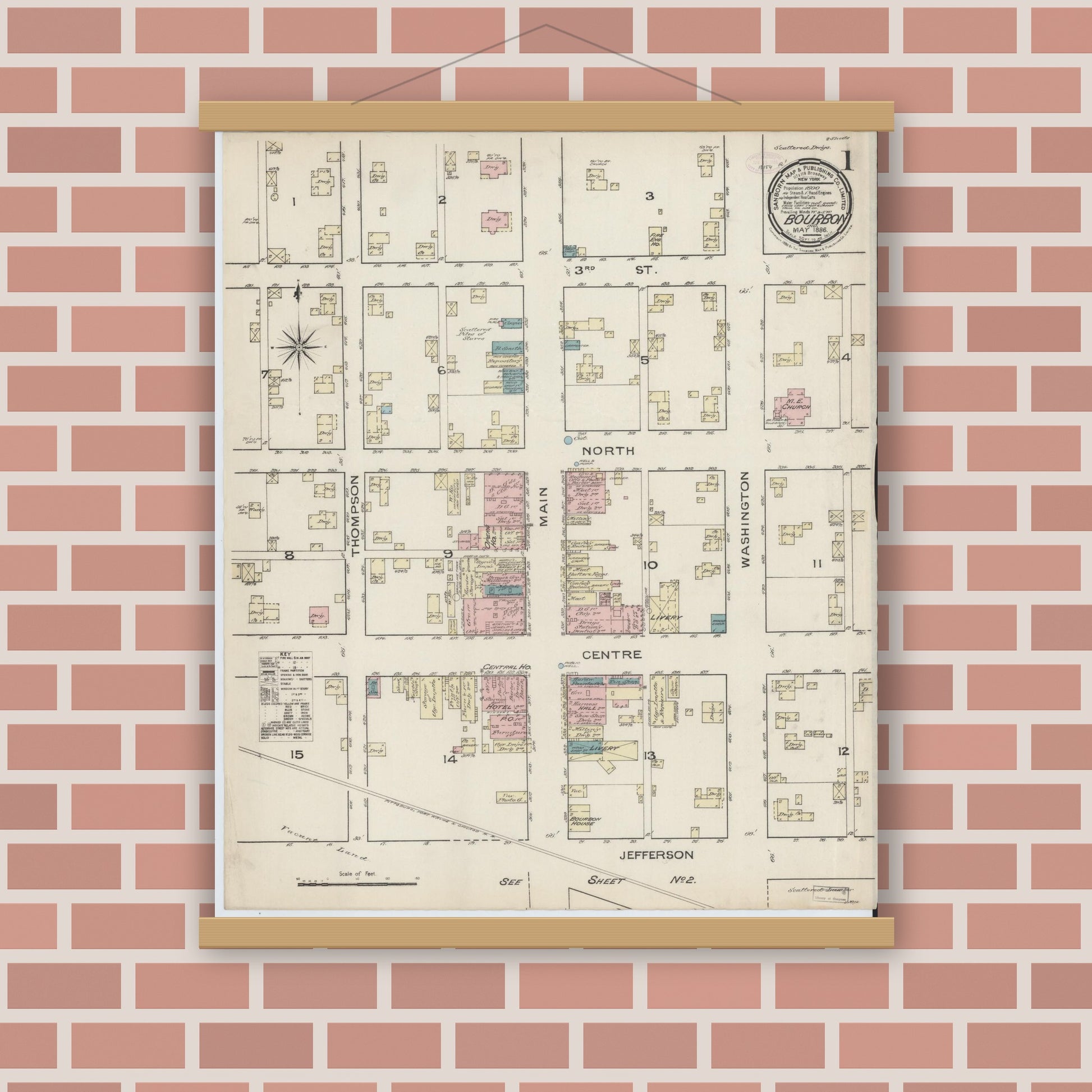 Old map wall art mockup — magnetic wood frame on brick wall — Sanborn Fire Insurance Map from Bourbon, Marshall County, Indiana (1886) - Complete Map Set
