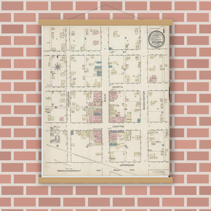 Old map wall art mockup — magnetic wood frame on brick wall — Sanborn Fire Insurance Map from Bourbon, Marshall County, Indiana (1886) - Complete Map Set