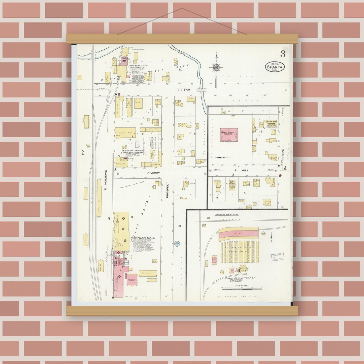 Old map wall art mockup — magnetic wood frame on brick wall — Sanborn Fire Insurance Map from Sparta, Kent County, Michigan (1910), Sheet #0003