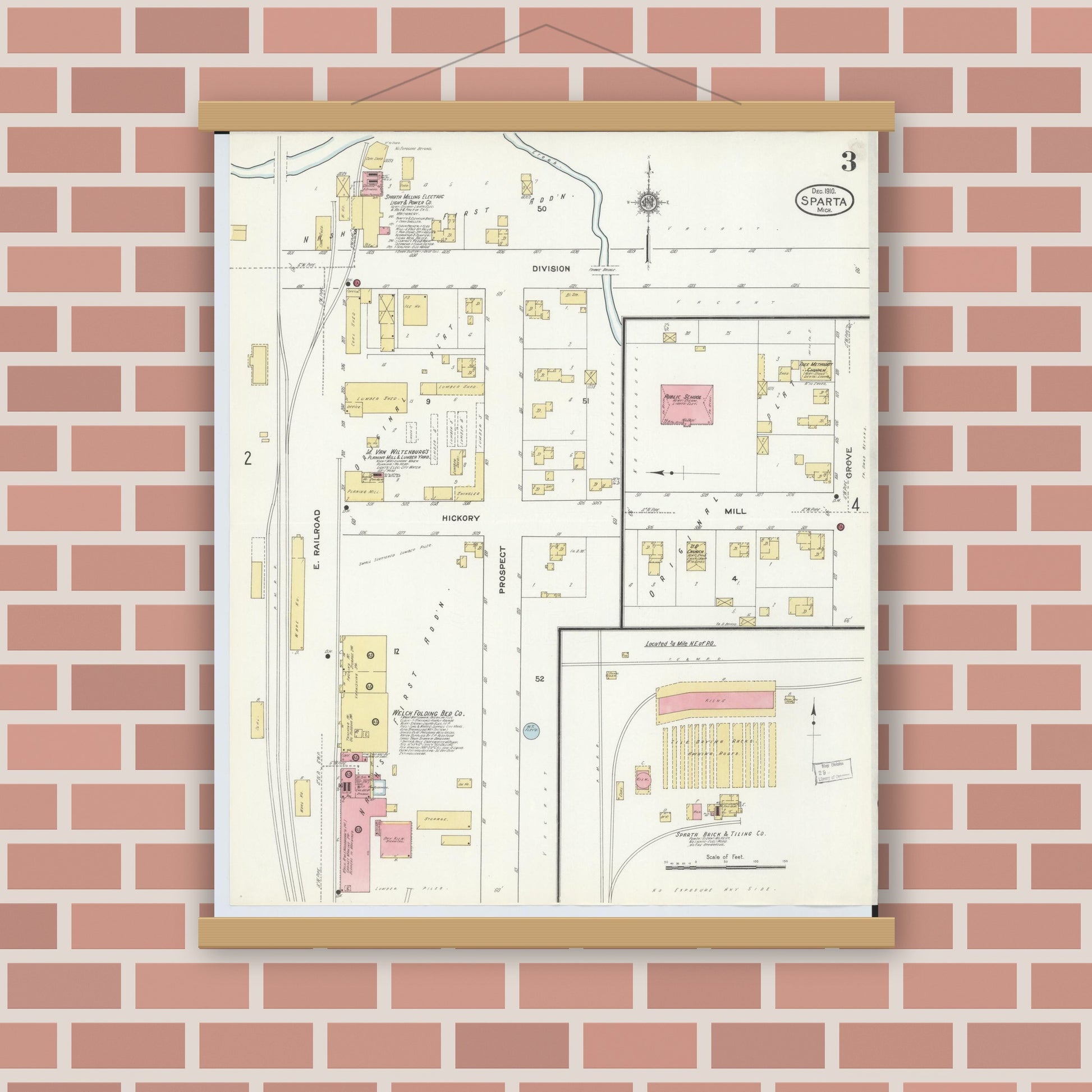 Old map wall art mockup — magnetic wood frame on brick wall — Sanborn Fire Insurance Map from Sparta, Kent County, Michigan (1910), Sheet #0003
