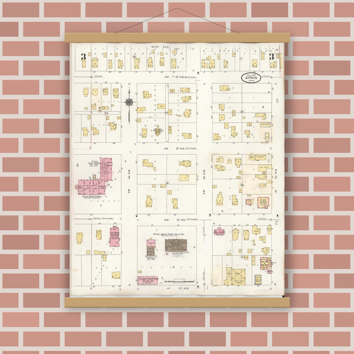 Old map wall art mockup — magnetic wood frame on brick wall — Sanborn Fire Insurance Map from Aitkin, Aitkin County, Minnesota (1936), Sheet #0003