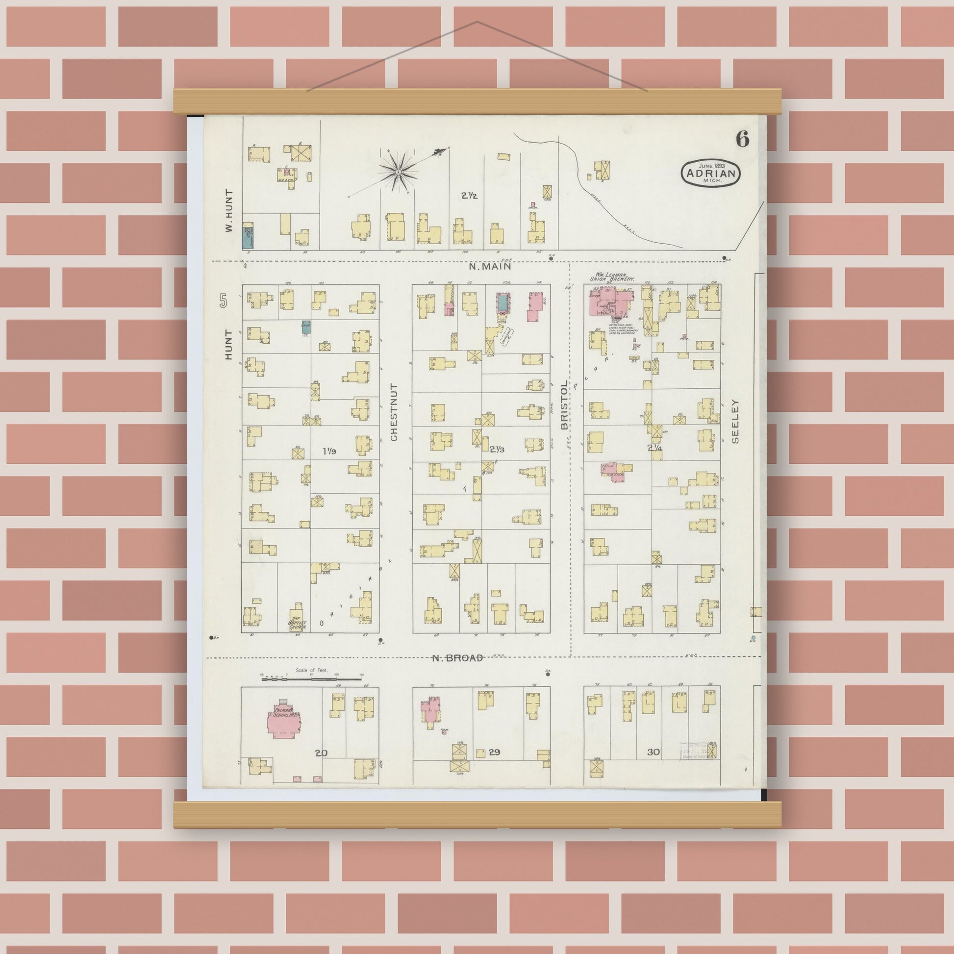 Old map wall art mockup — magnetic wood frame on brick wall — Sanborn Fire Insurance Map from Adrian, Lenawee County, Michigan (1893), Sheet #0006