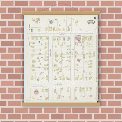 Old map wall art mockup — magnetic wood frame on brick wall — Sanborn Fire Insurance Map from Adrian, Lenawee County, Michigan (1893), Sheet #0006