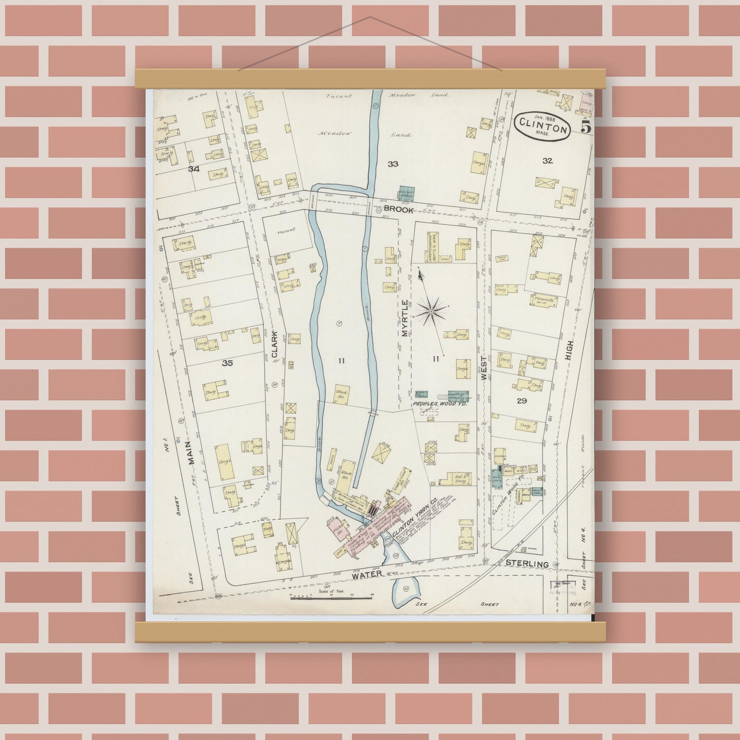 Old map wall art mockup — magnetic wood frame on brick wall — Sanborn Fire Insurance Map from Clinton, Worcester County, Massachusetts (1888), Sheet #0005